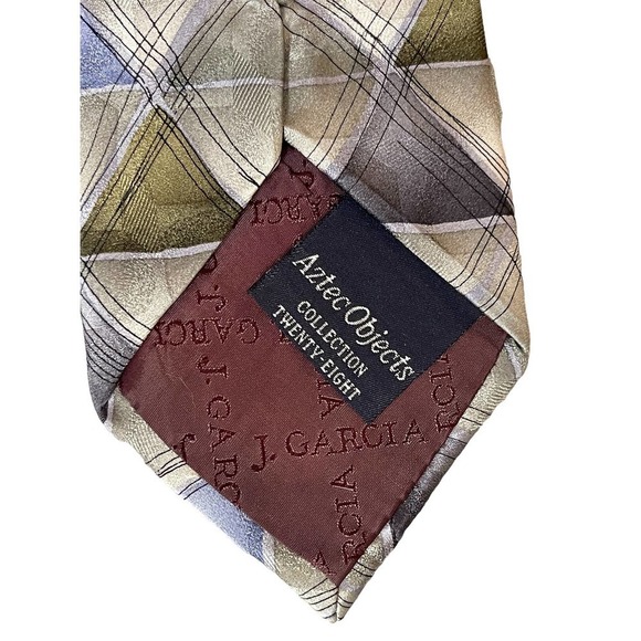 J. Garcia Men's Silk Necktie Aztec Objects Collection 28 Blue Olive Silver 1996 - Picture 3 of 7
